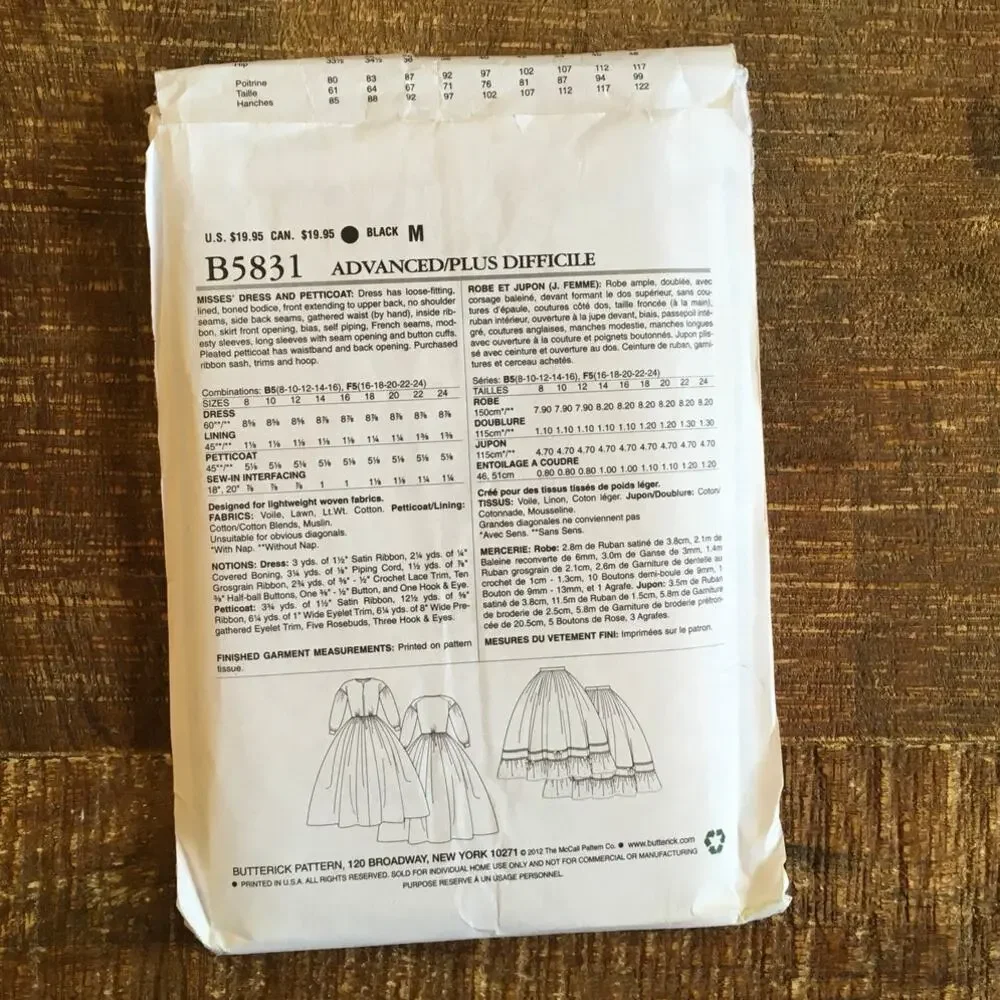Butterick Sewing Pattern B5831 Reenactment Dress Petticoat Civil War 8-16 UNCUT